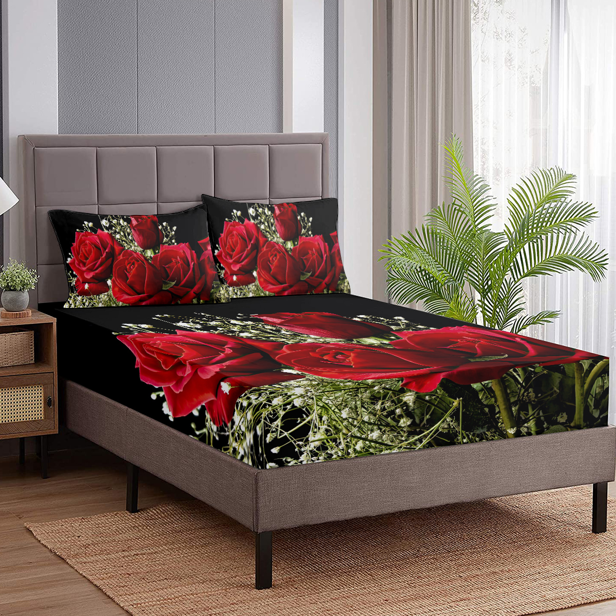 3pcs Rose Floral Bed Sheet, Microfiber Flower Bedding Sheet Set, Red Black Bedding Sheet Set With 1 Fitted Sheet And 2 Pillowcases