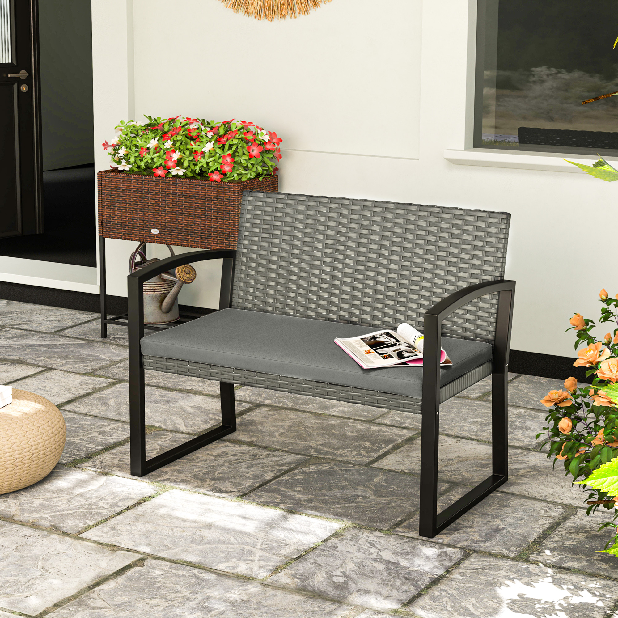 Double rattan garden bench