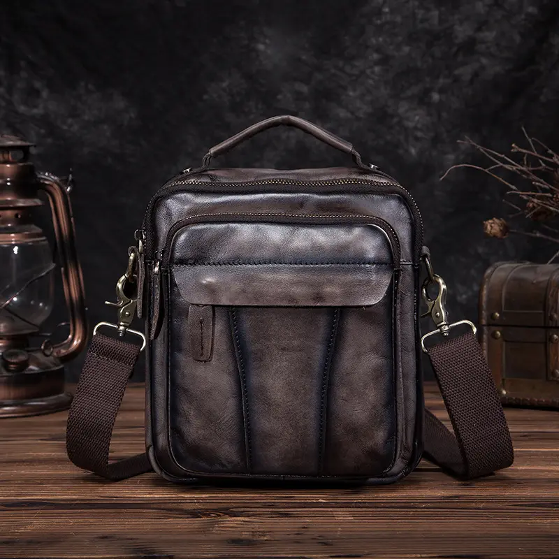 Crazy Horse Leather Retro Men's 8-inch One-shoulder