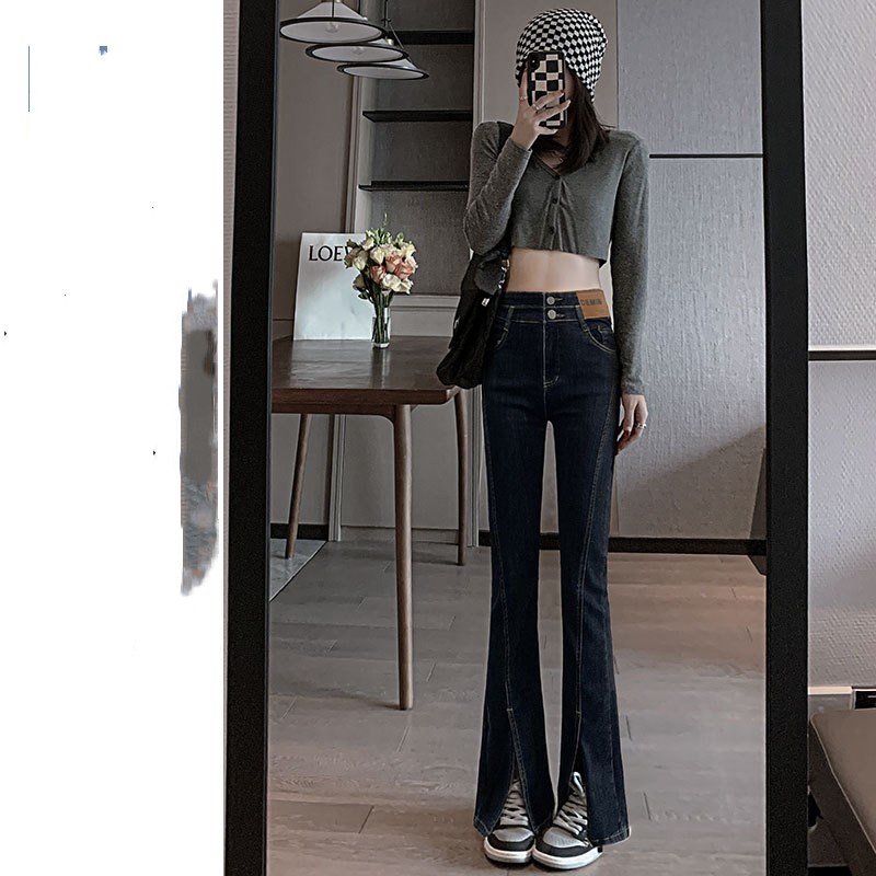 New Spring And Fall Straight High Waist Thin Wide Leg Slit Micro Flare Black Grey Blue - Shop at LoveMi