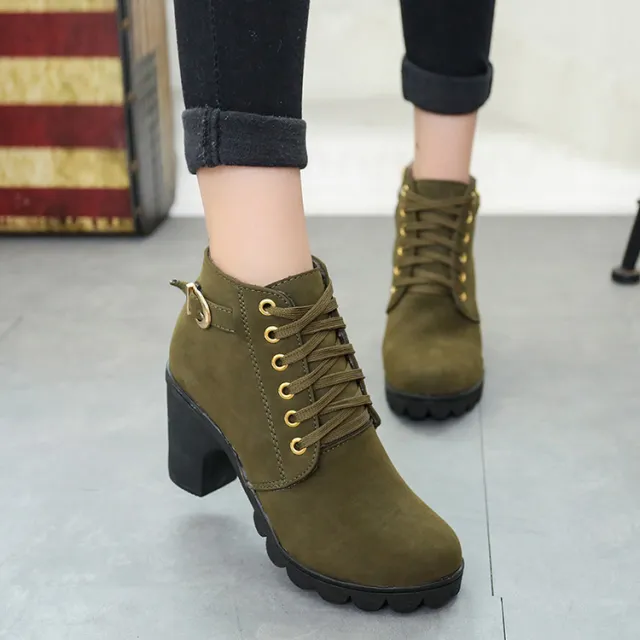 Chunky Block Heel Boots Buckle Ankle Boots Women Shoes Green - Shop at LoveMi