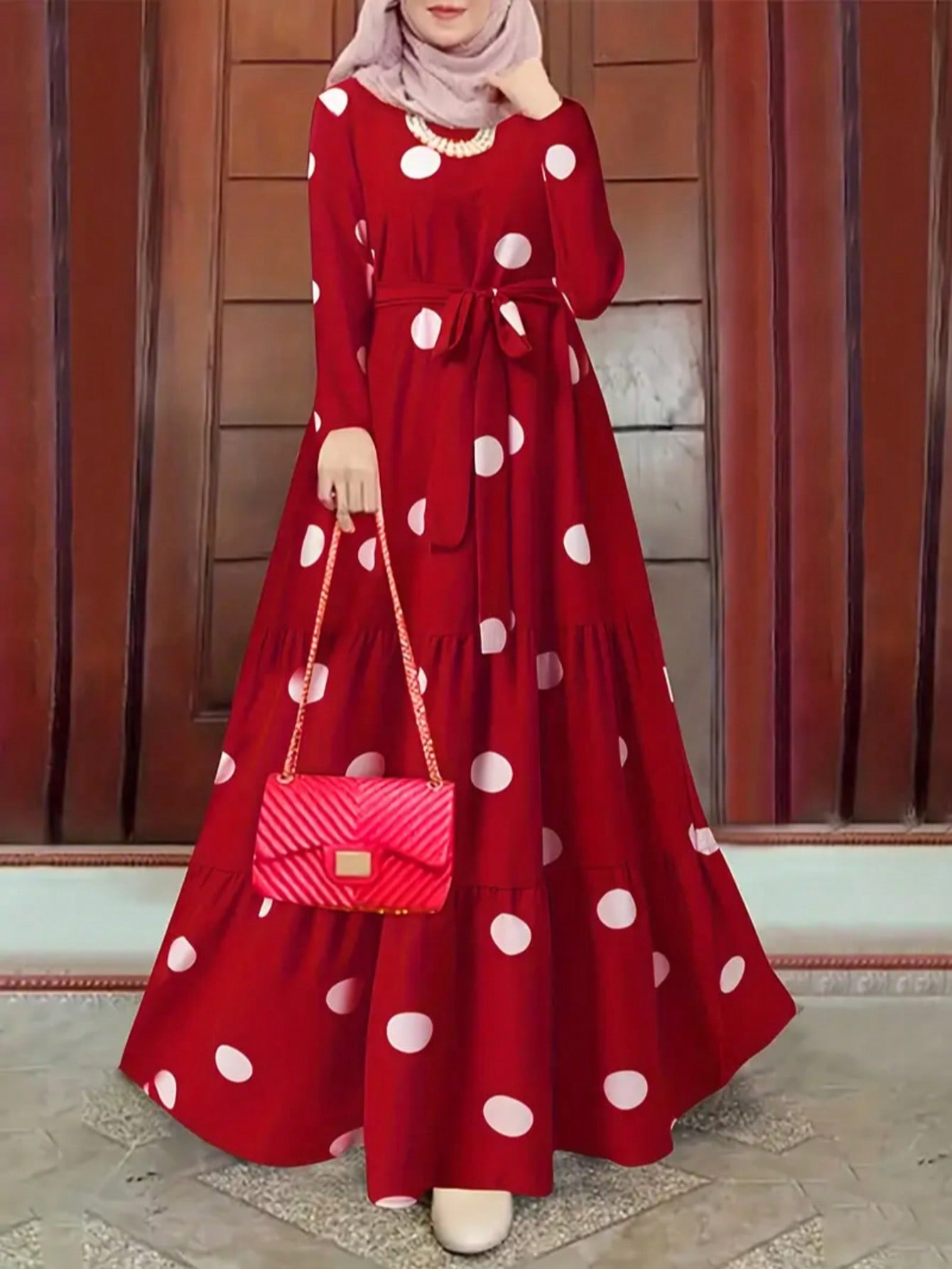 Rochie Maxi cu mânecă lungă cu buline împletite și decolteu rotund Abaya Flowy Dress cu centură în talie