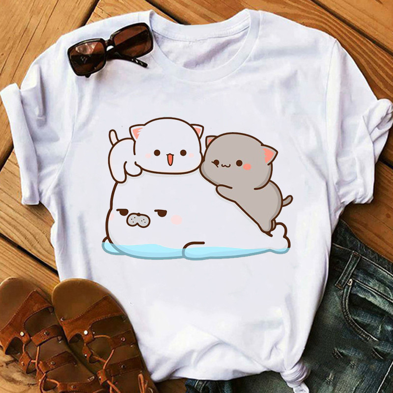 Title 3, Cute Cartoon Cat Print Couple White T-shirt Loo...