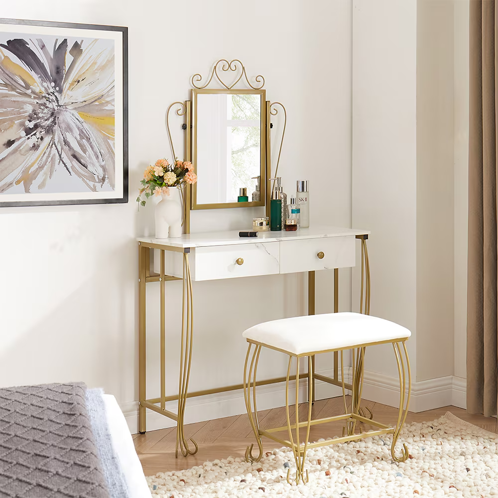 Vanity Table Set With Mirror Stool,White Makeup Dressing Desk With Drawers For G - Picture 10 of 10