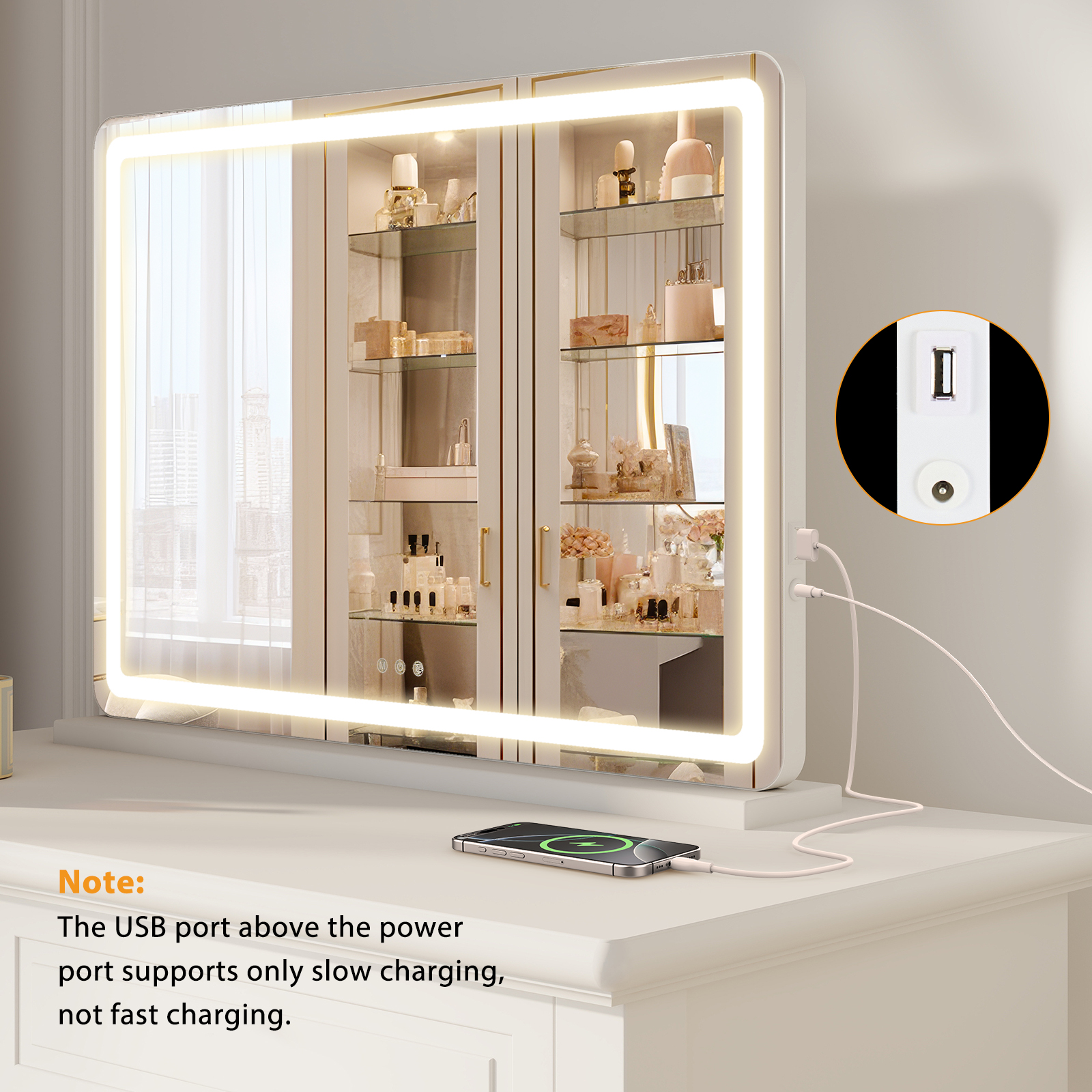 Vanity Mirror With Lights, LED Makeup Mirror With Dimmable 3 Color Modes, Touch Screen Control Vanity Based Mirror Desk Mirror Square White — foto 10