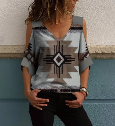 Loose Off-the-shoulder Mid-sleeve Retro Print T-shirt Summer European And American Women's Tops - 1Style-S