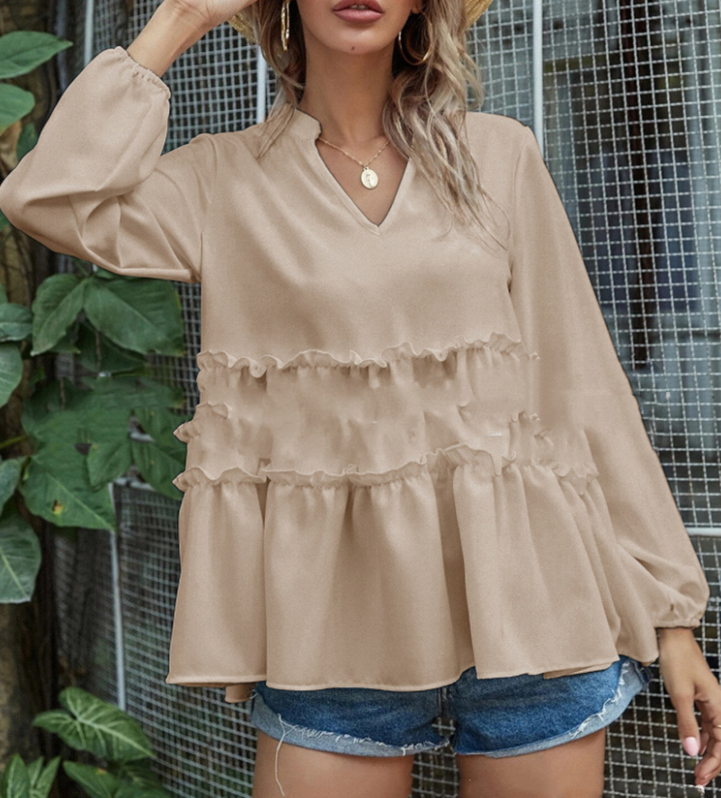 Solid Color V-Neck Frill Ruffled Hem Shirt