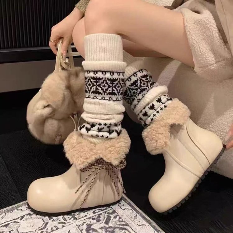 Women's Platform Sheepskin Integrated Snow Boots, Winter Fleece Lined Warm Lace-up Birken Ankle Boots, Furry Hidden Wedge Cotton Shoes