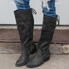 Autumn And Winter Low-heeled Hollow Burnt Half Zipper Knight Boots - Black - View 1