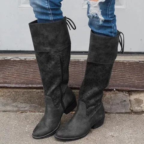 Autumn And Winter Low heeled Hollow Burnt Half Zipper Knight Boots Black - Shop at LoveMi