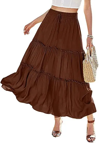 Women's Elastic High Waist A-Line Pleated Casual Maxi Dress - 2Color