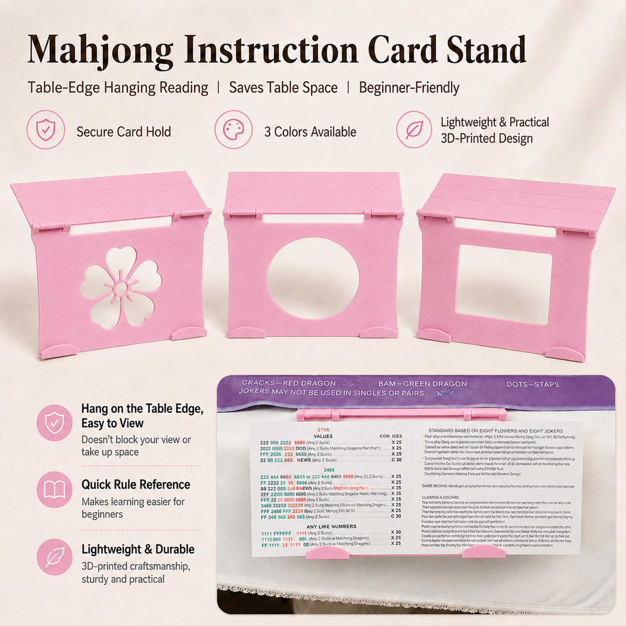 Foldable American Mahjong Instruction Card Stand, Table Edge Hanging Rule Card Holder, 3D Printed Mahjong Reference Card Display Stand