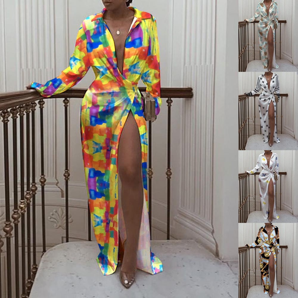 Women's Long Sleeved Print Dress With Slits