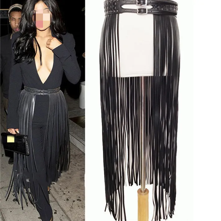 Ladies Fashion Black Long Tassel Pin Buckle Belt