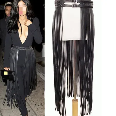 Ladies Fashion Black Long Tassel Pin Buckle Belt