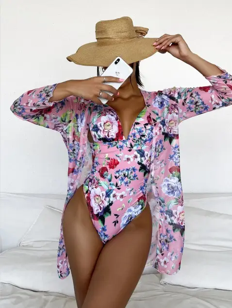 European And American Botanical Print Pleated Three-piece Swimsuit