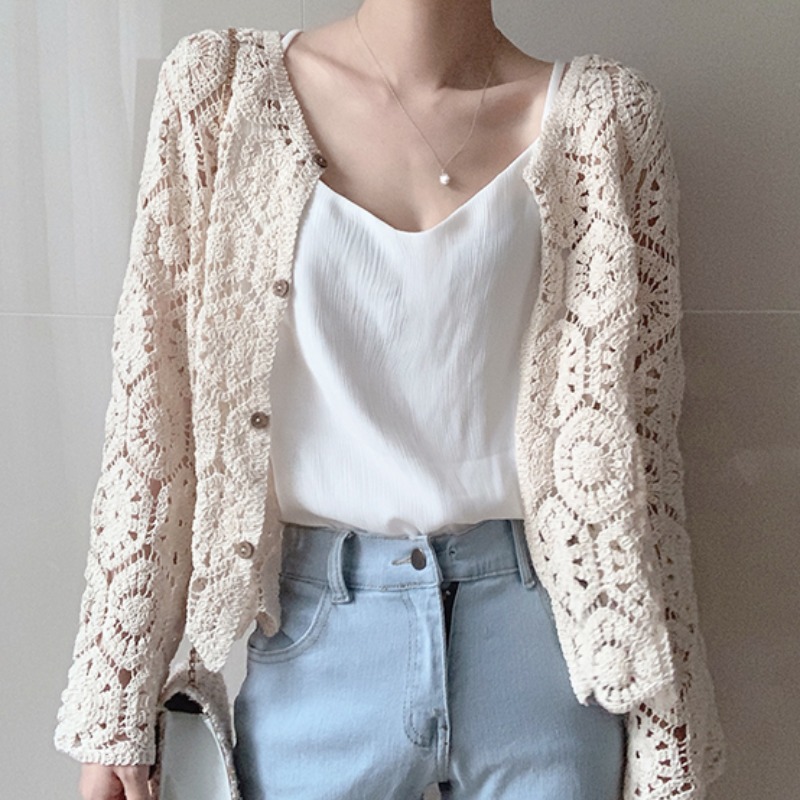 Crochet Lace Shirt Loose Sun Protection Long Sleeves