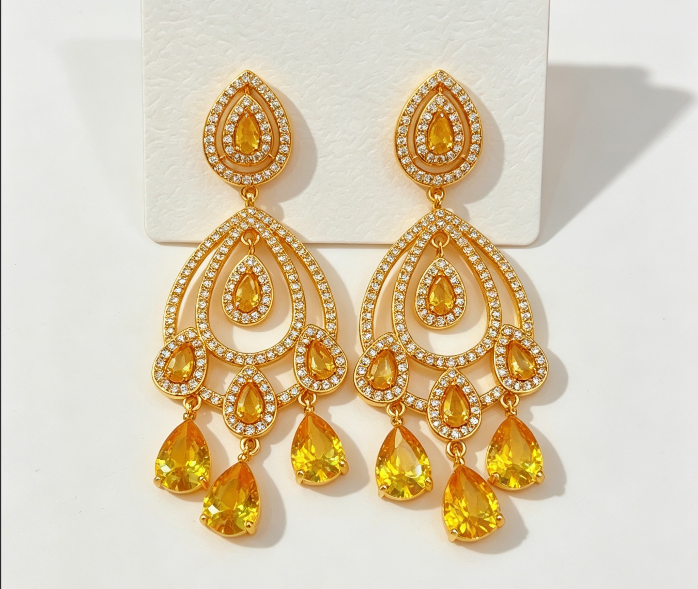 Gold Plated Yellow Teardrop Zircon Dangle Earrings, Multi Layer view