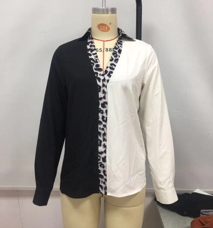 Title 3, Leopard Print Contrast Stitching V-neck Shirt, ...