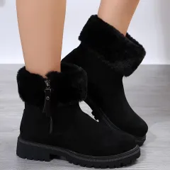 Warm Plush Boots Winter Fashion Side-Zipper Snow Boot For Women Outdoor Thickened Low-heelded Shoes - Black - View 1