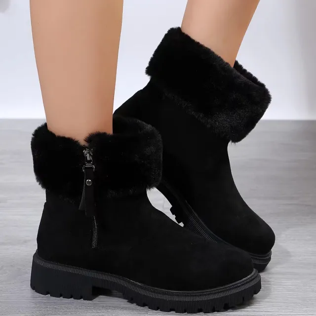 Warm Plush Boots Winter Fashion Side Zipper Snow Boot For Women Outdoor Thickened Low heelded Shoes Black - Shop at LoveMi