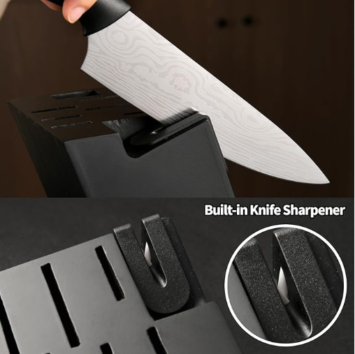 Damascus Pattern 15-Piece Kitchen Knife Set With Block, High Carbon Steel Chef Knife, Includes Sharpener And Scissors, Ergonomic Black Anti-Slip Handle And Red Trim, Perfect For Professionals 3