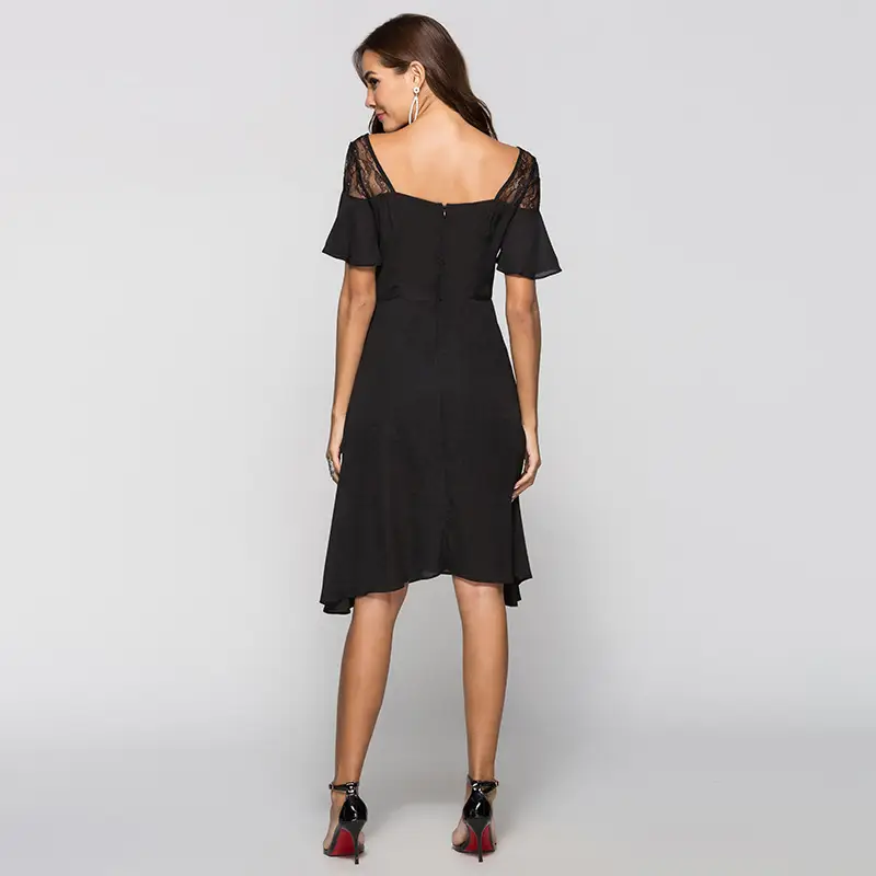 European And American Solid Color Stitching Lace Hollow Sexy Little Black Dress