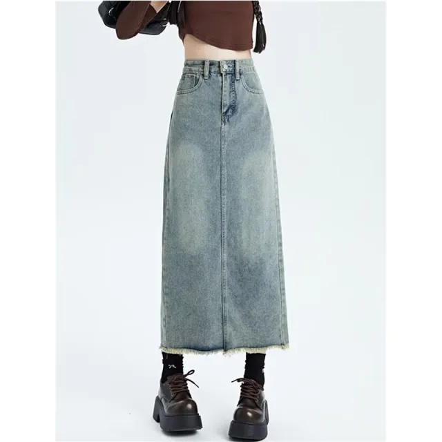 Retro Women's High Waist Denim Skirt Women's Mid length Versatile Hem Tassel Hip Skirt Blue - Shop at LoveMi