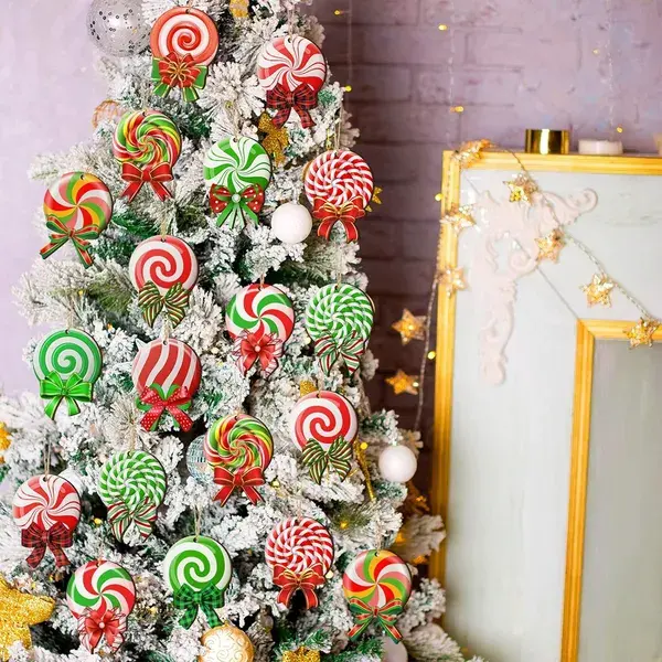 24PCS Christmas Candy Ornament With Ropes Colorful Candy Round Lollipop Wooden Pendant Xmas Hanging Decoration For Christmas Indoor Outdoor Home Yard Party Porc