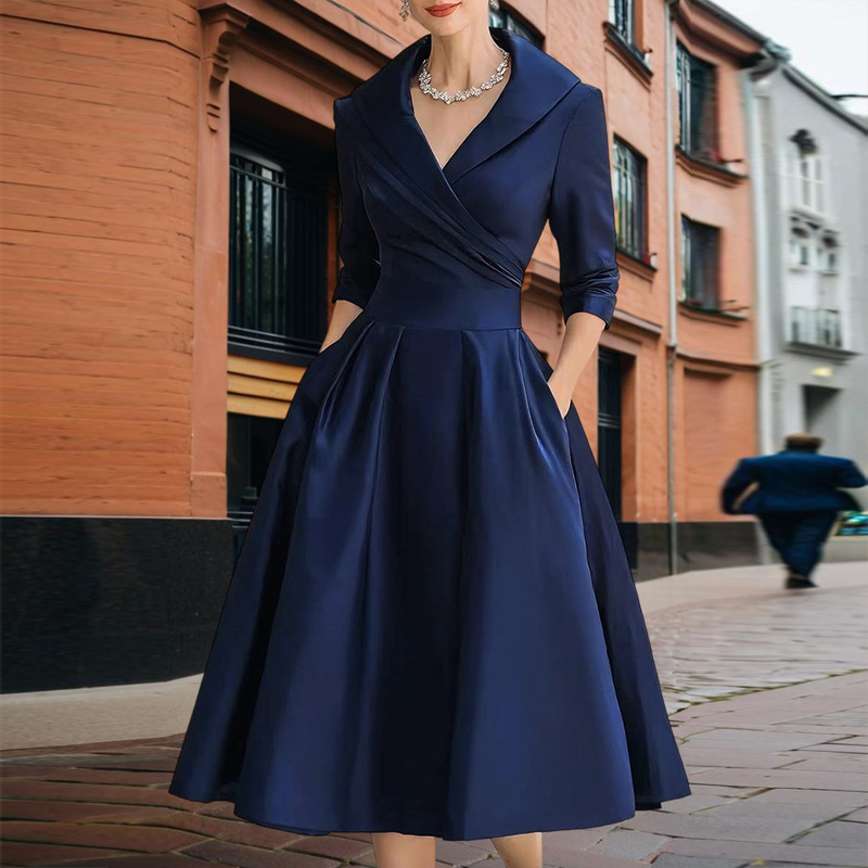 Women's Elegant Solid Cross V Neck Midi Dress With Flared Skirt And Pockets Spring Summer Formal Dress Dark Blue - Shop at LoveMi