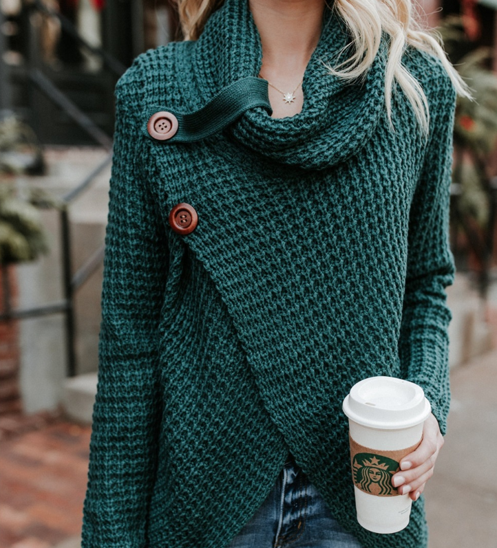 Turtleneck Pullover Button Women's Sweater Long Sleeve Sweater