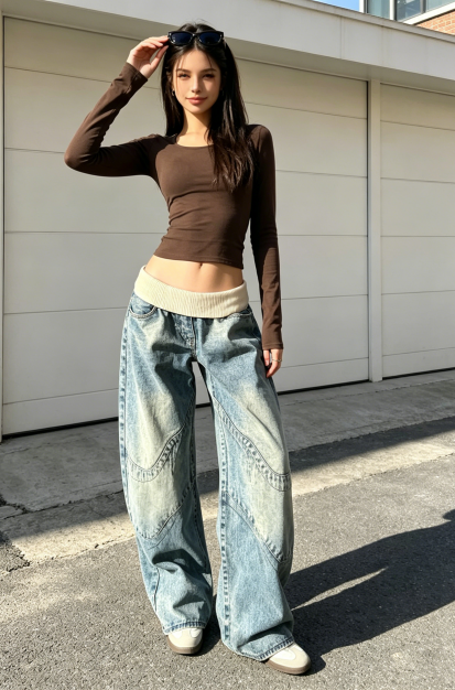 US Ready Stock Women Washed Blue Barrel Jeans Wide Waistband Curved Seam Baggy Horseshoe Denim Pants Wholesale