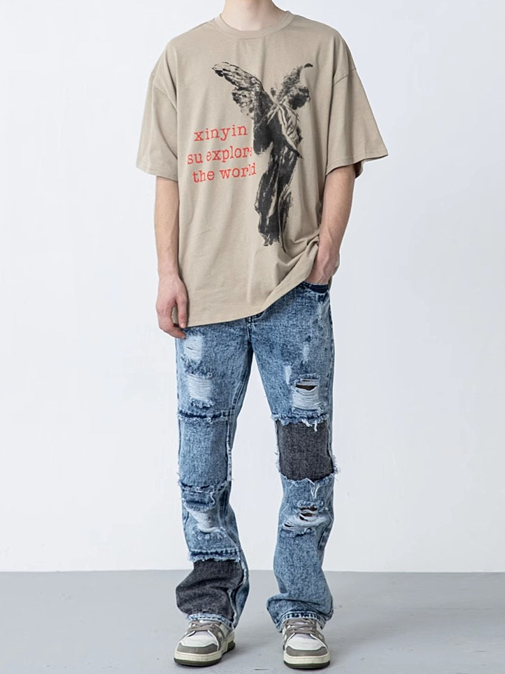 High Street Washed Distressed Patch High Street Brushed Ripped Jeans