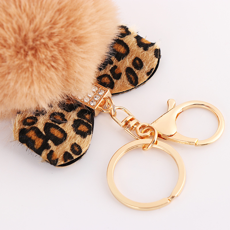 Leopard Bow Fur-Ball Schoolbag Pendant Key Chain – White