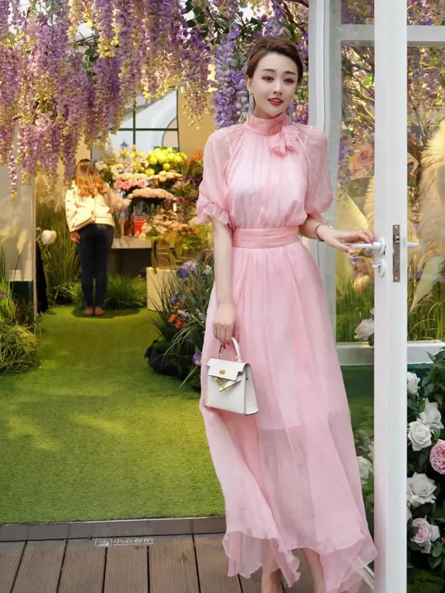 Waistband Gentle Fairy Exquisite French Long Dress Pink - Shop at LoveMi