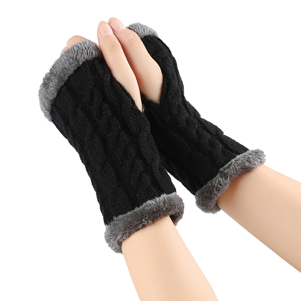 Winter Plush Gloves Twist Knitted Fingerless Fleece Gloves Women Warm Thickened Woolen Gloves Black - Shop at LoveMi