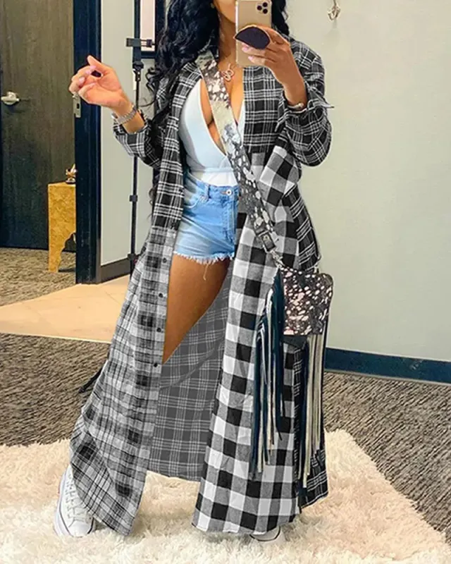 Fashion Casual Color Matching New Long Plaid Coat Shirt Black - Shop at LoveMi