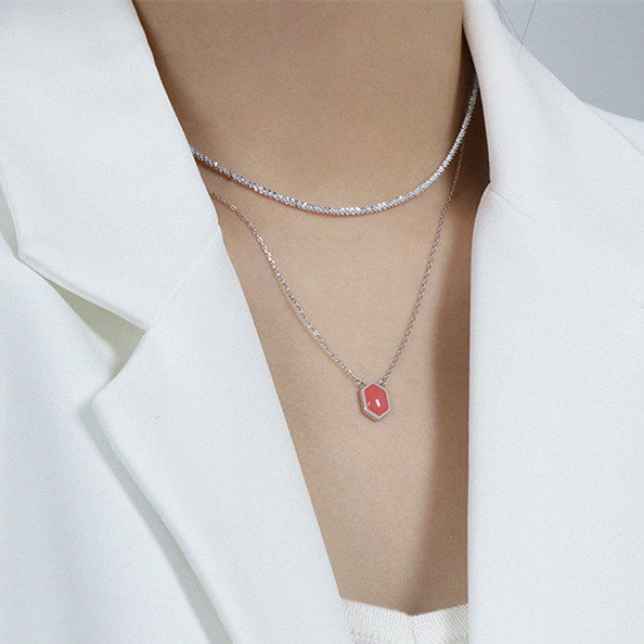 Women's Fashion Simple Hexagonal Drop Glaze Sterling Silver Necklace