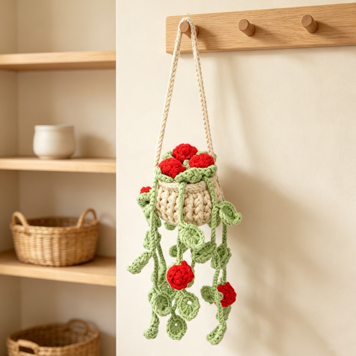 Handmade Crochet Hanging Potted Ornament With Trailing Red Rose Buds Everlasting Soft Yarn Crochet Blossom Indoor Home Hanging Decor