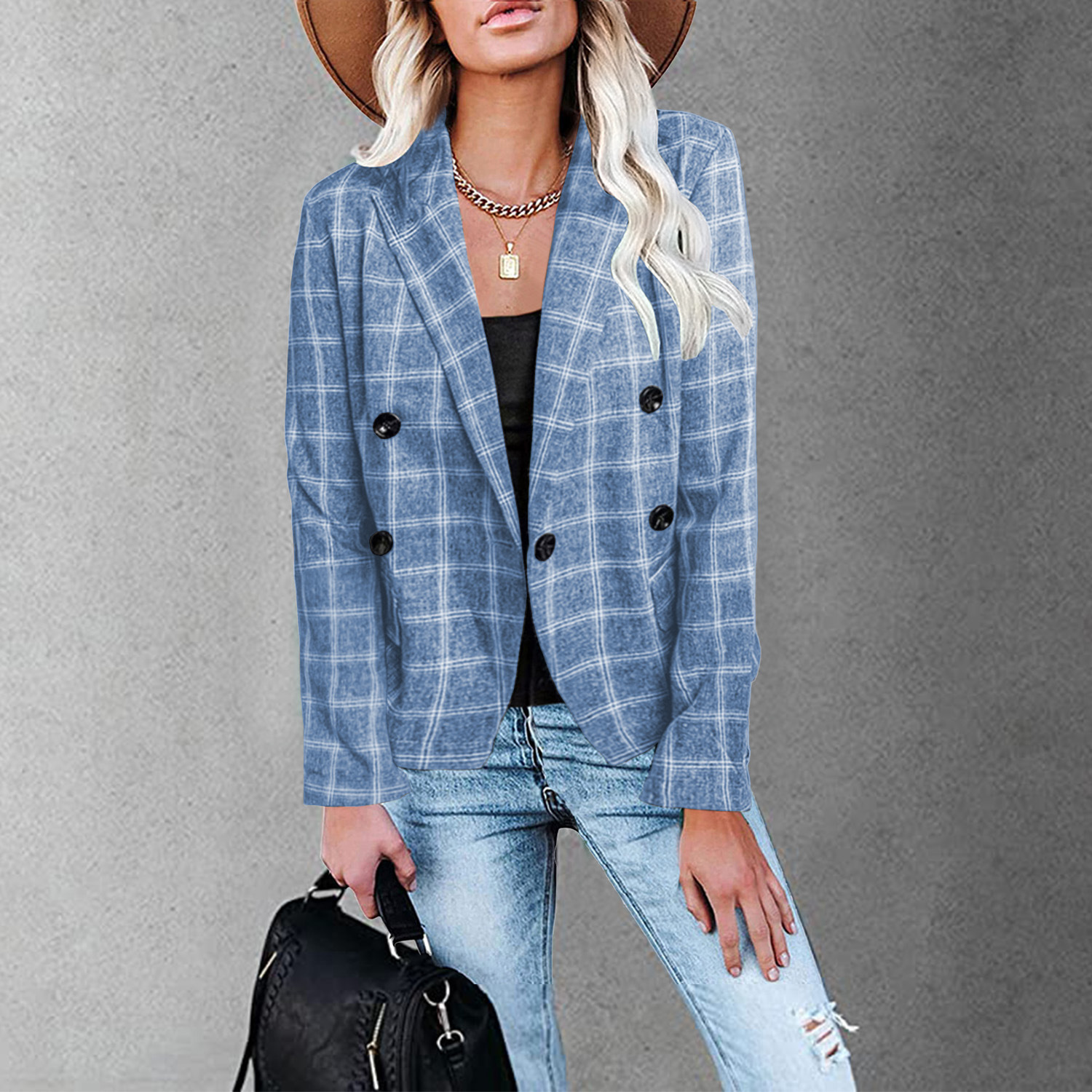 Women's New Plaid Print Button Casual Suit Blue - Shop at LoveMi