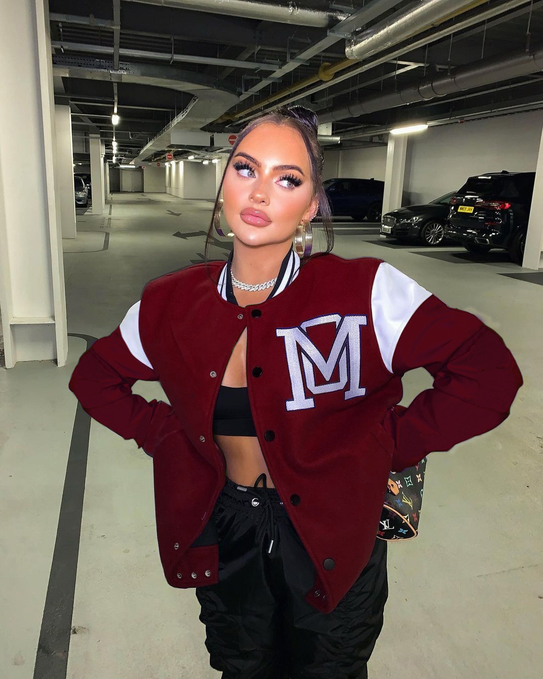 Solid Color Patchwork Letter Offset Baseball Jacket Wine - Shop at LoveMi