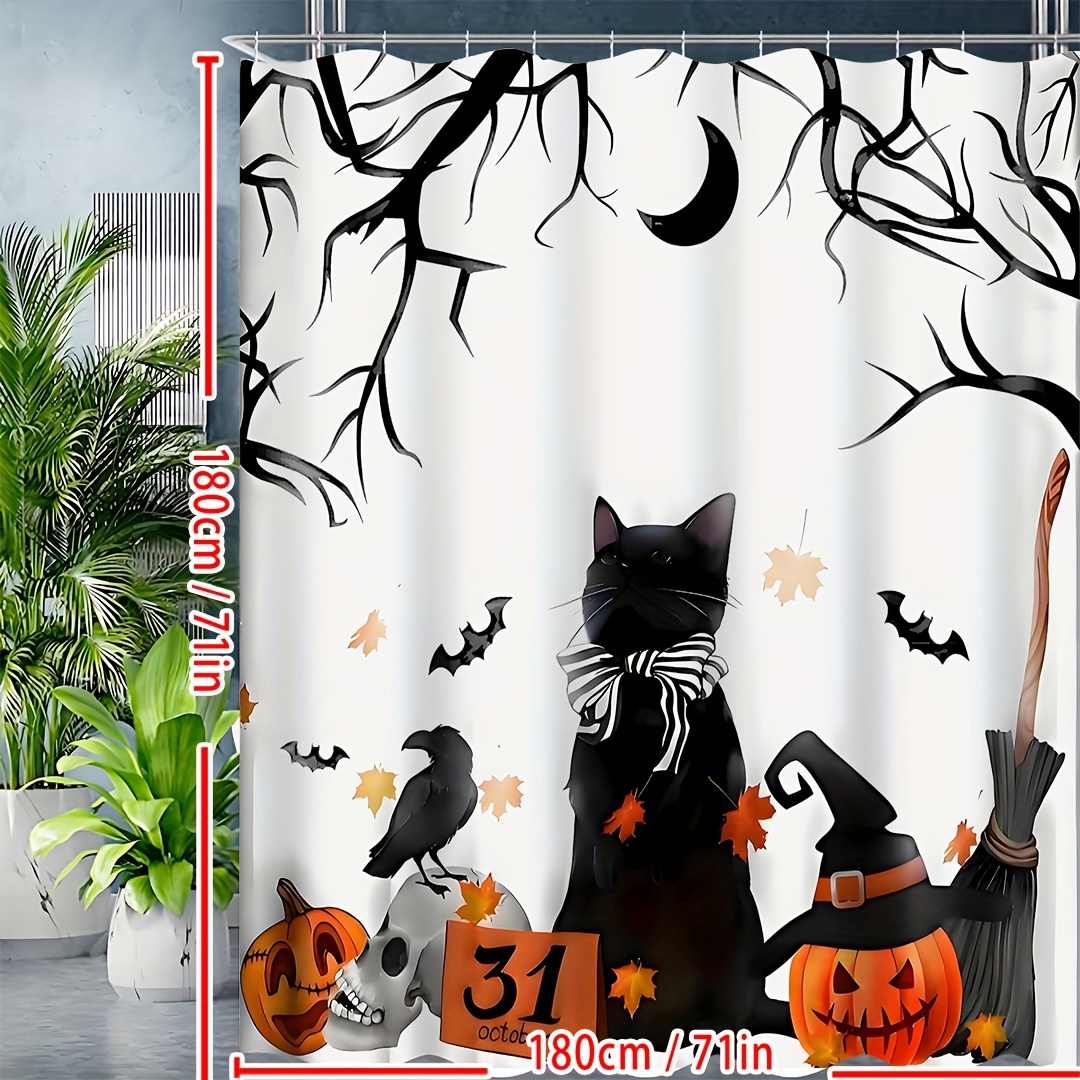 Spooky Halloween Shower Curtain Set - Vibrant Printed Design,12 Hooks - 1Pcs, Pumpkin Lantern, Black Cat, Crow Skull, Broom, Bat, Dead Branch Design
