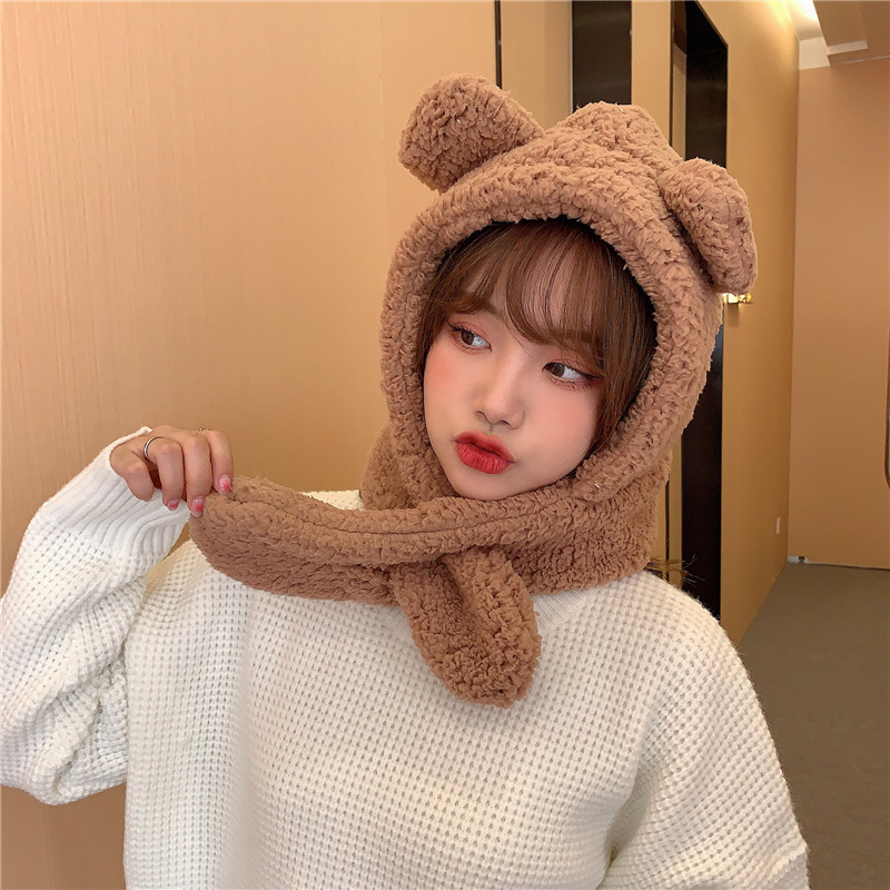 Women's Fashionable And Warm Solid Colour Bear Ears Hat Scarf