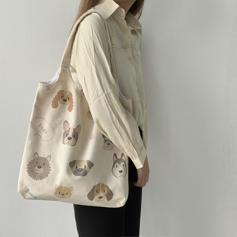 Dog illustration beige bag