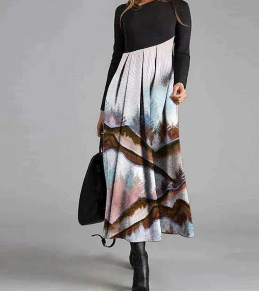V-neck Printed Dress Long Skirt With Waist