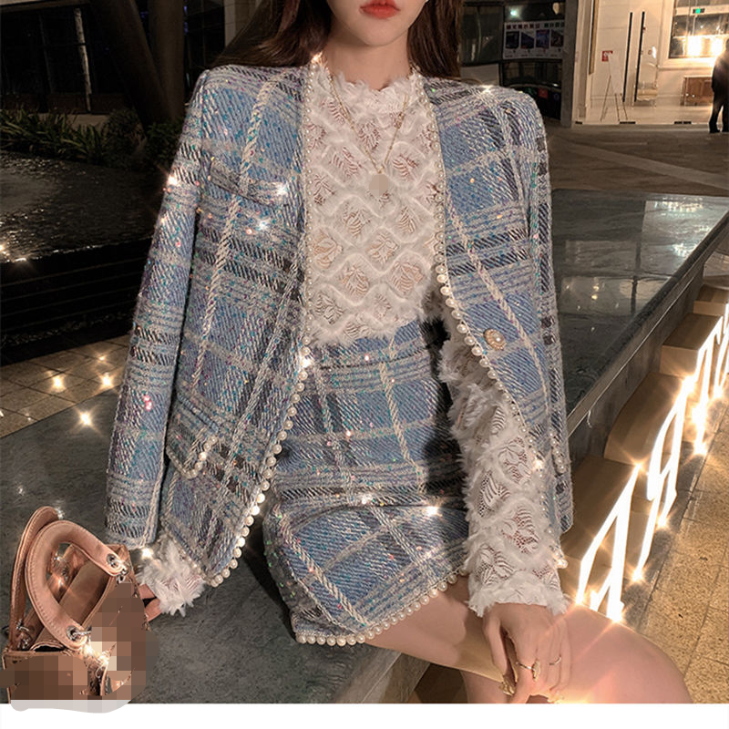 Casual Fashion Temperament Ladies Plaid Two Piece Suit Blue - Shop at LoveMi