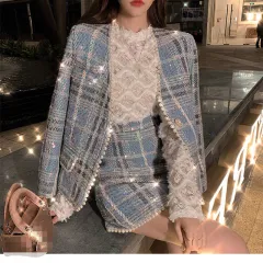Casual Fashion Temperament Ladies Plaid Two Piece Suit - Blue - View 1