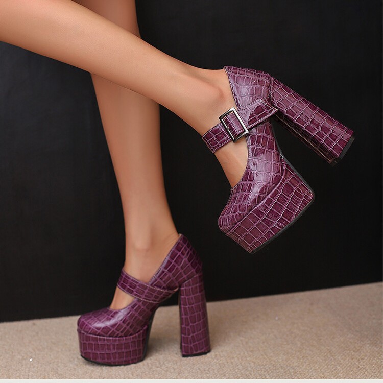 Women's Retro High Heels With Round Toe Purple - Shop at LoveMi