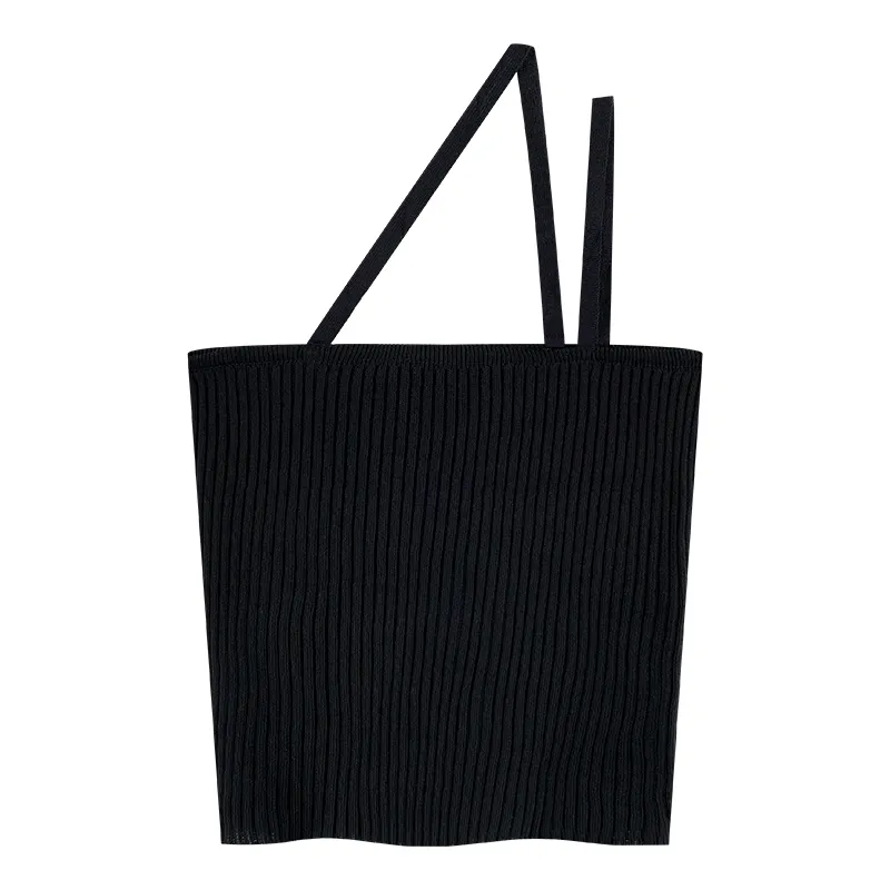 Women's Summer Outer Wear Slant Shoulder Knitted Bottoming Vest - Black