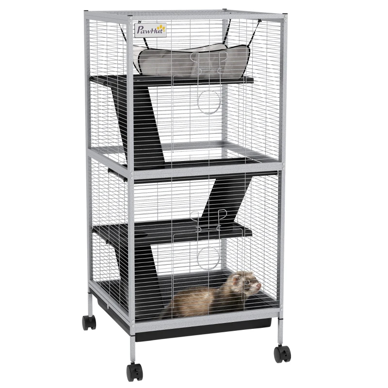 PawHut Rolling Small Animal Cage With Hammock, Ferret Cage, Chinchilla Cage, Pet Habitat With 6 Doors, Removable Tray